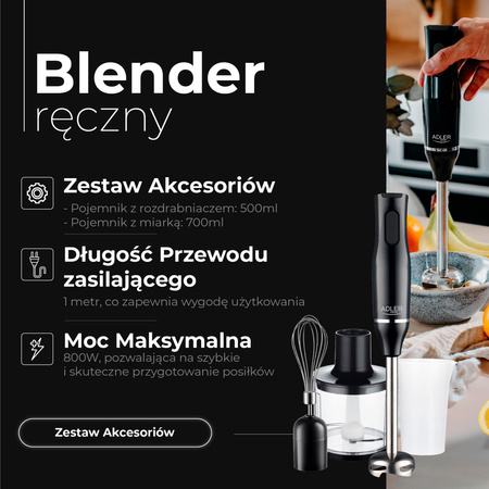 Blender ręczny wielofunkcyjny 800W, z rozdrabniaczem i trzepaczką Adler AD 4620