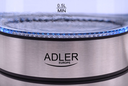 Czajnik elektryczny 1,7L, szklany, z filtrem, blokadą i wskaźnikiem wody, Adler AD 1225