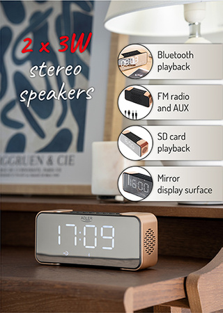 Miedziany Radiobudzik Bezprzewodowy z Funkcją Budzenia FM Adler - Model AD 1190