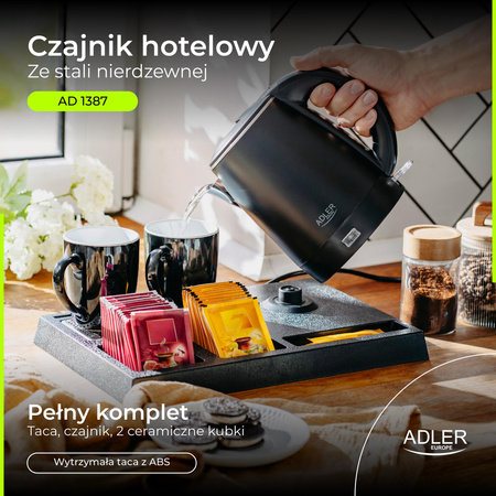 Czajnik elektryczny hotelowy – zestaw powitalny z tacą i 2 kubkami Adler AD1387