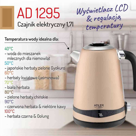Czajnik metalowy 1,7L z LCD i regulacją temperatury, złoty - Adler AD 1295