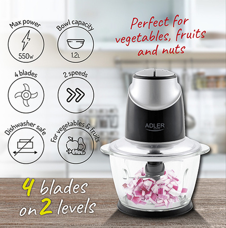 Rozdrabniacz kuchenny, szklana misa 1,2L, 4 ostrza, 550W – Adler AD 4082