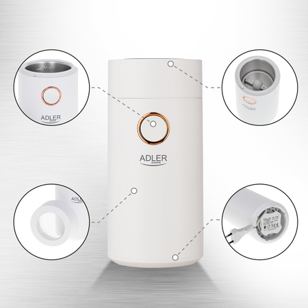 Młynek do Kawy Biały Złoty, Kompaktowy Design, Wydajna Moc - Adler AD 4446