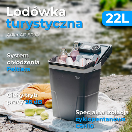 Mini lodówka turystyczna 22L, podwójne zasilanie, ergonomiczna, energooszczędna, Adler AD 8094
