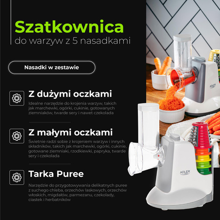 Krajalnica do warzyw z 5 wymiennymi nasadkami, kompaktowa i lekka, Adler AD 4815