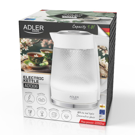 Szklany czajnik elektryczny LED 1,8L z płaską grzałką i filtrem – Adler AD 1306
