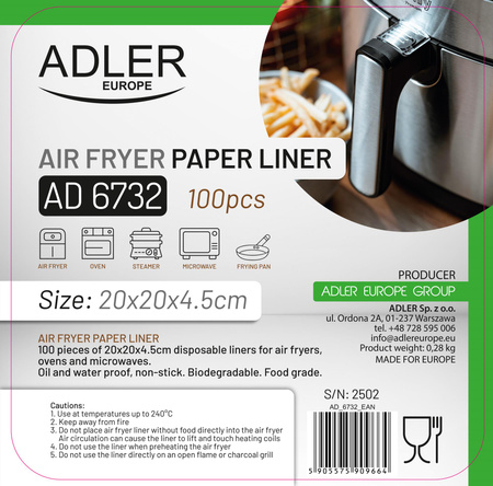 Papierowe wkłady do frytkownicy 20×20 cm, 100 szt. – Adler AD 6732