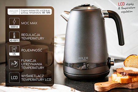 Czajnik elektryczny 1.7L, regulacja 40-100°C, LCD, podtrzymanie temperatury Adler AD1295