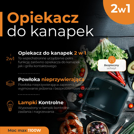 Grill elektryczny 2w1, 1400W, opiekacz, wymienne płyty nieprzywierające Adler AD 3070