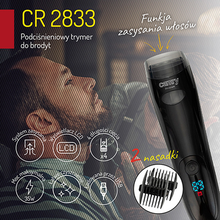 Trymer do brody, podciśnieniowe zasysanie włosów, LCD, ładowanie USB Camry CR 2833