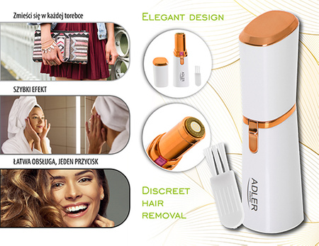 Trymer damski do twarzy, dyskretny, bezbolesna depilacja, lampka LED Adler AD 2939