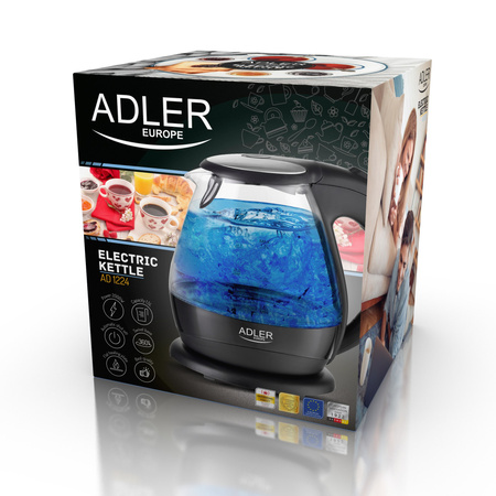 Czajnik elektryczny szklany 1,5L, 2200W, obrotowa podstawa, filtr – Adler AD 1224