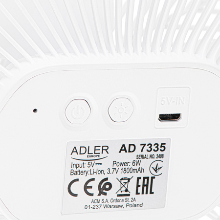 Wentylator akumulatorowy z oświetleniem LED i klipsem Adler AD 7335 AD7335