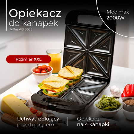 Opiekacz do kanapek 2000W, 4 tosty, powłoka nieprzywierająca, Adler AD 3055
