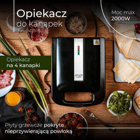 Opiekacz do kanapek 2000W, 4 tosty, powłoka nieprzywierająca, Adler AD 3055