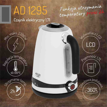 Czajnik metalowy 1,7L z regulacją temperatury i LCD, biały - Adler AD 1295