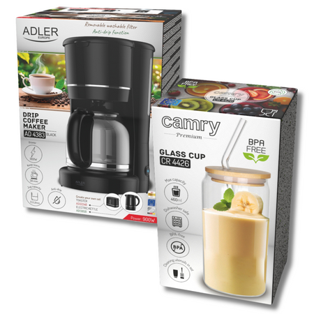 Ekspres do kawy przelewowy 900W szklany dzbanek 1,5L z podgrzewana podstawa Adler AD 4383b