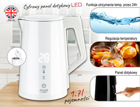 Czajnik Elektryczny LED z Regulacją Temperatury 1,7L, Metalowy, Producent: Adler, SKU: AD 1345