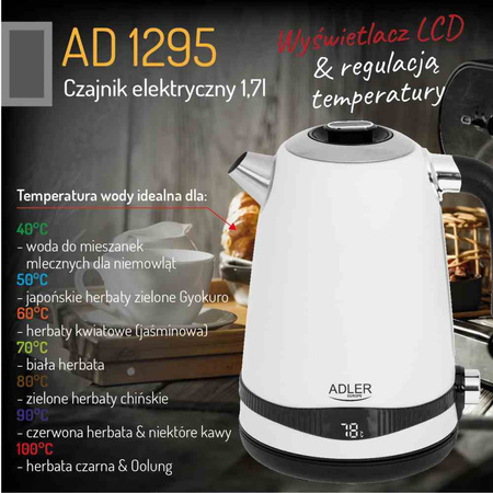 Czajnik metalowy 1,7L z regulacją temperatury i LCD, biały - Adler AD 1295
