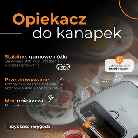 Opiekacz do kanapek 1200W, nieprzywierająca powłoka, kształt muszli Adler AD 3079