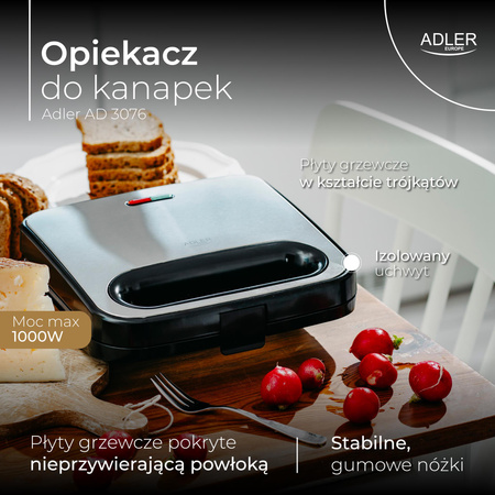 Opiekacz do kanapek, trójkąty, 700W, nieprzywierające płyty, pionowy – Adler AD 3076