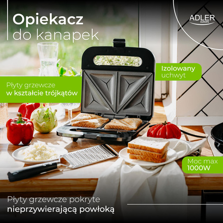 Opiekacz do kanapek, trójkąty, 700W, nieprzywierające płyty, pionowy – Adler AD 3076
