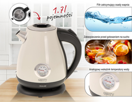 Czajnik metalowy z termometrem 1,7L, 2200W, stal szlachetna, analogowy wskaźnik – Camry CR 1344