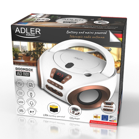 Radio boombox CD MP3, FM, USB, AUX, przenośny Adler AD 1181 WC