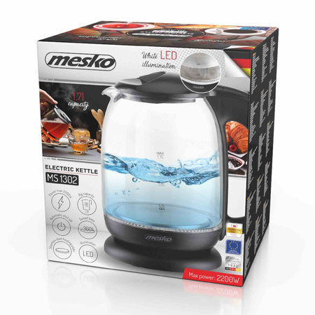 Czajnik Szklany 1,7 L Czarny z Podświetleniem LED, Wysoka Jakość - Mesko MS 1302