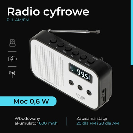 Radio kuchenne cyfrowe PLL AM / FM Adler AD 1907