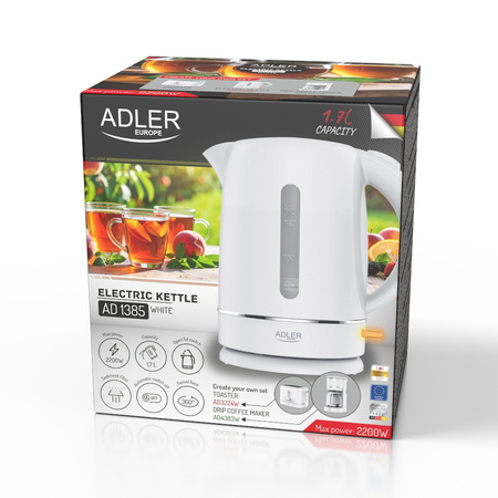 Czajnik elektryczny 2200W, 1.7L, płaska grzałka, filtr antywapienny Adler AD 1385 White