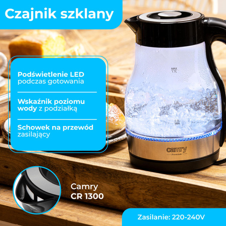 Czajnik elektryczny szklany 1.7L, 2200W, podświetlenie LED, płaska grzałka Camry CR 1300