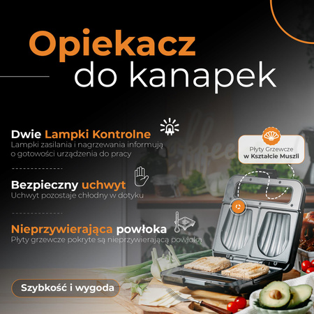 Opiekacz do kanapek 1200W, nieprzywierająca powłoka, kształt muszli Adler AD 3079