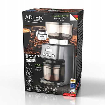 Młynek do kawy żarnowy, 31 ustawień mielenia, timer, 300g zbiornik – Adler AD 4300