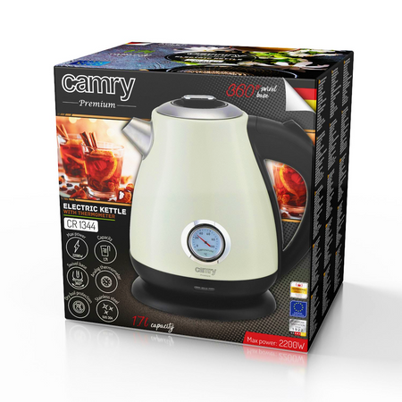 Czajnik metalowy z termometrem 1,7L, 2200W, stal szlachetna, analogowy wskaźnik – Camry CR 1344