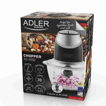 Rozdrabniacz kuchenny, szklana misa 1,2L, 4 ostrza, 550W – Adler AD 4082