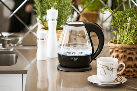 Czajnik elektryczny szklany 1,5L, 2200W, obrotowa podstawa, filtr – Adler AD 1224