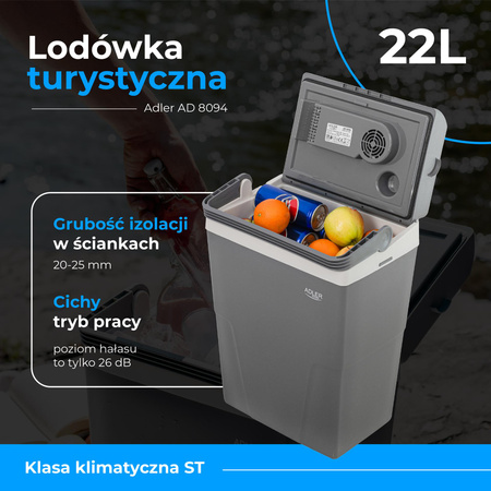 Mini lodówka turystyczna 22L, podwójne zasilanie, ergonomiczna, energooszczędna, Adler AD 8094