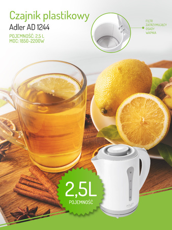Czajnik elektryczny plastikowy 2,5L, 2200W, biały, obrotowa podstawa – Adler AD 1244