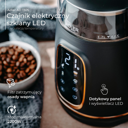 Czajnik elektryczny z regulacją temperatury, szklany, 1.7L 2200W Adler AD 1305 bg