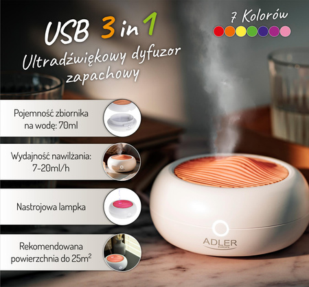 Nawilżacz powietrza ultradźwiękowy, dyfuzor zapachowy, USB, 7 kolorów Adler AD 7969