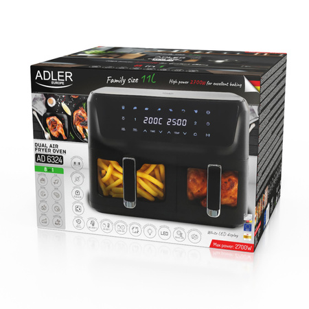 Frytkownica beztłuszczowa 11L, 2 kosze, Air Fryer 2700W, 8 programów Adler AD 6324