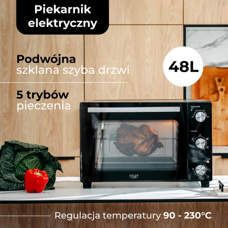 Piekarnik elektryczny 48L z rożnem, konwekcją i oświetleniem – Adler AD 6026