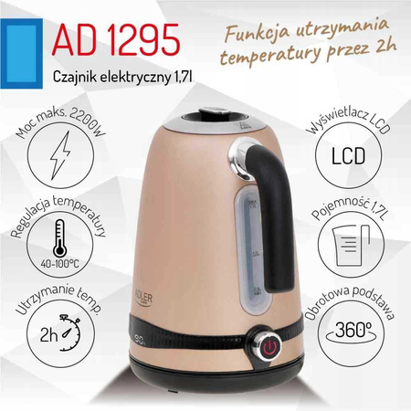 Czajnik metalowy 1,7L z LCD i regulacją temperatury, złoty - Adler AD 1295