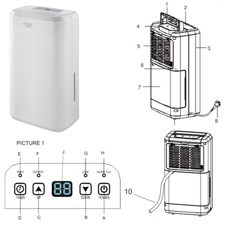 Osuszacz Powietrza 10L/24h z LCD Wyświetlaczem, Kompresorowy, Adler AD 7861