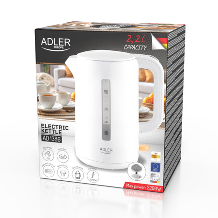 Czajnik elektryczny 2,2L, 2200W, biały, filtr, bezpiecznik – Adler AD 1386