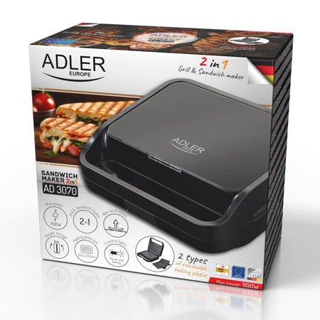 Opiekacz do Kanapek 2w1 z Funkcją Grillowania, Kompaktowy Design, Adler AD 3070 Black