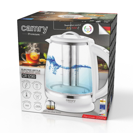 Czajnik szklany z zaparzaczem, regulacja temperatury, LED Camry CR 1290